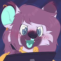 Anthropomorphic purple hyena sitting at a drawing tablet, a determined smile on her face.